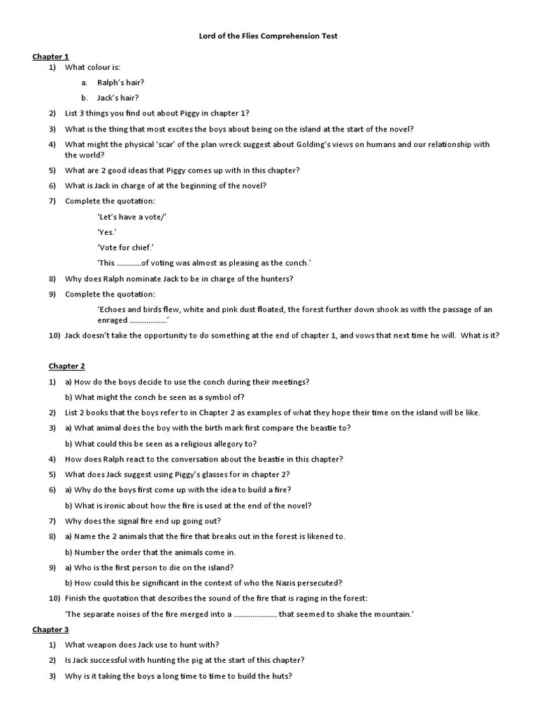 Lord of The Flies Comprehension Test PDF
