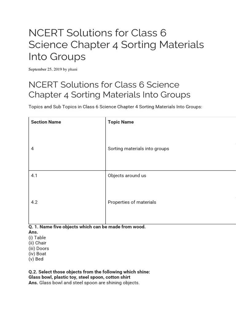 NCERT Solutions For Class 6 Science Chapter 4 Sorting Materials Into
