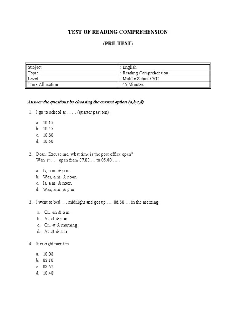 Test of Reading Comprehension Pretest PDF