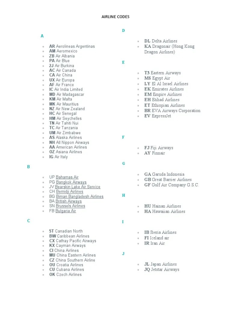 Airline Codes PDF Transport Companies