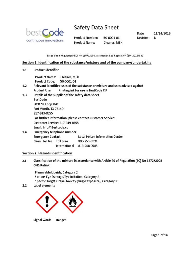 MSDS Cleaner Jet Print Best Code PDF Waste Hazardous Waste