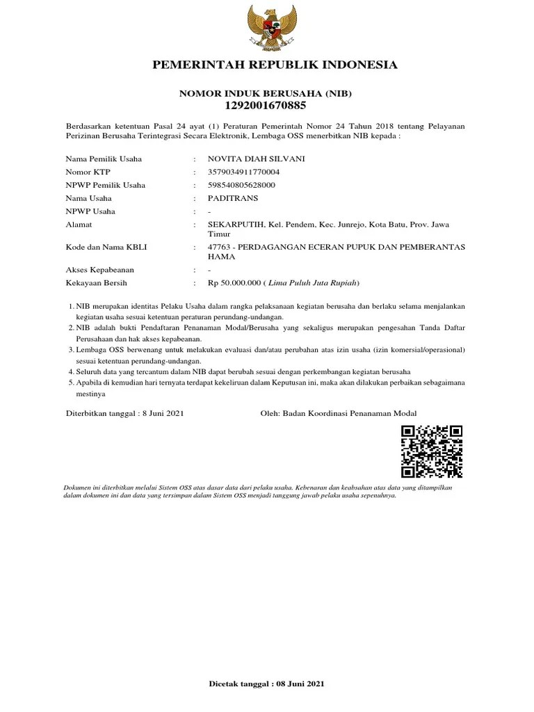 Pemerintah Republik Indonesia Nomor Induk Berusaha (Nib) PDF