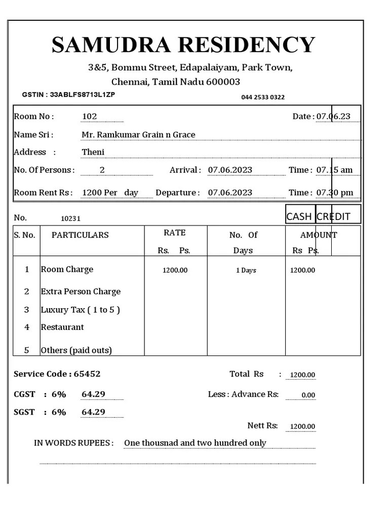 Chennai Lodge Bill PDF Taxation Payments