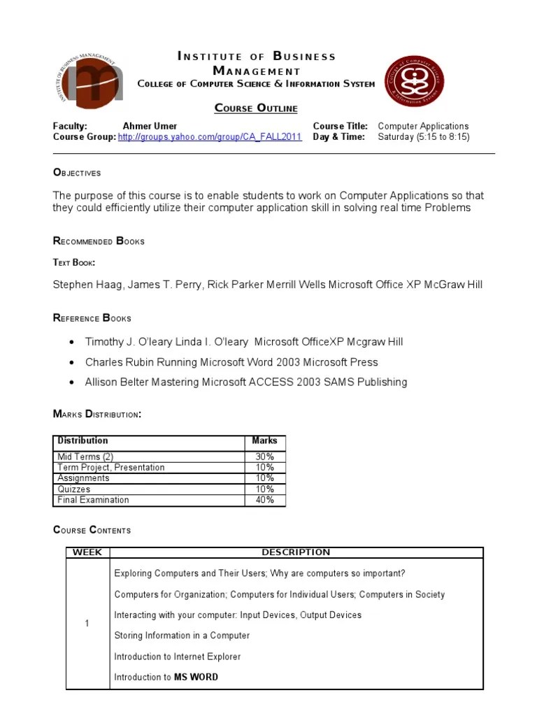 Computer Applications Course Outline Ahmer Microsoft Excel Microsoft Word