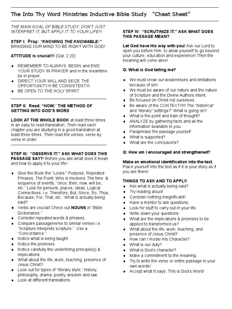Inductive Bible Study Cheat Sheet Repentance Prayer