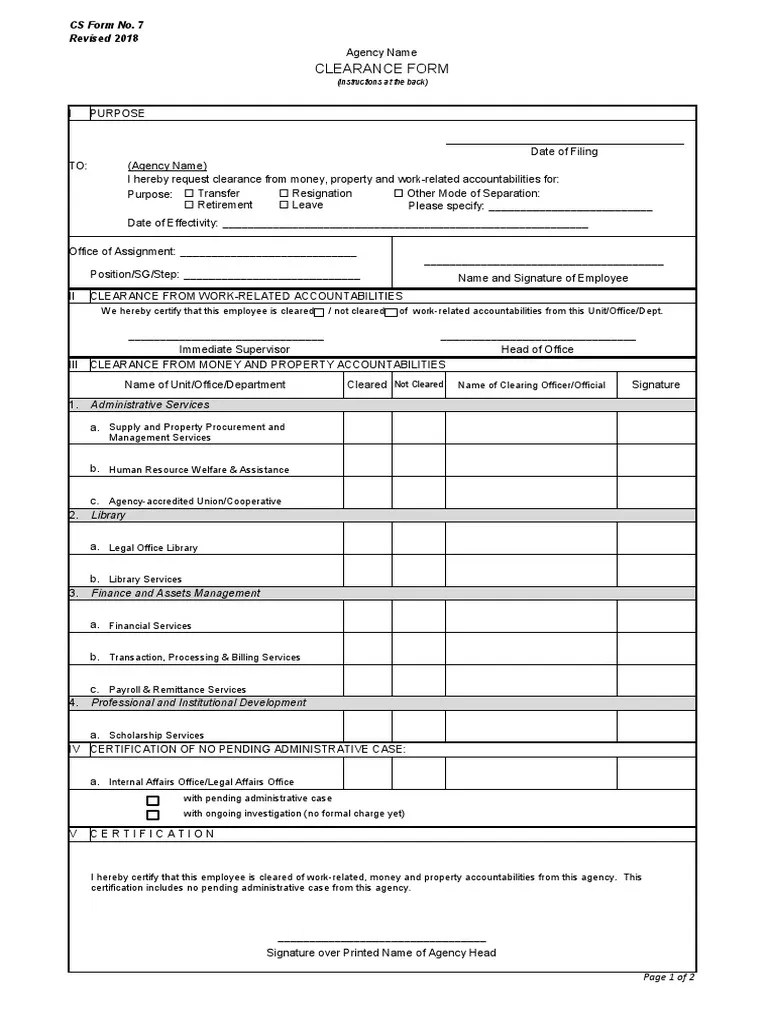 CS Form No. 7 Revised 2018 Clearance Form PDF Business Economies