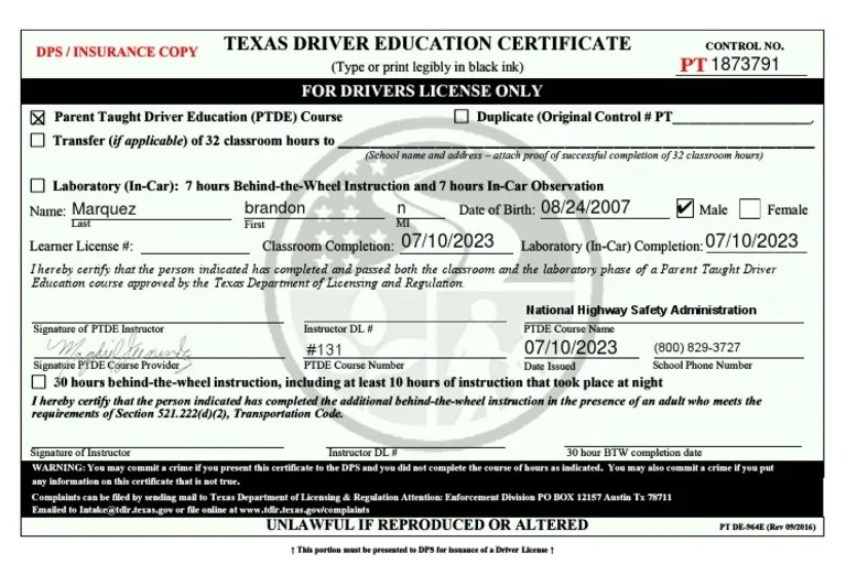 Texas Driver Education Certificate For Driver License Only For Drivers
