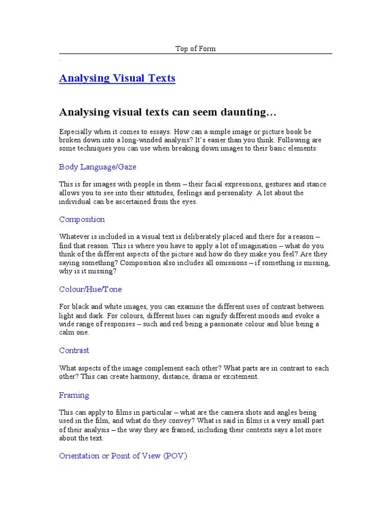 Analysing Visual Texts Year 9-10 Techniques Explanation | PDF