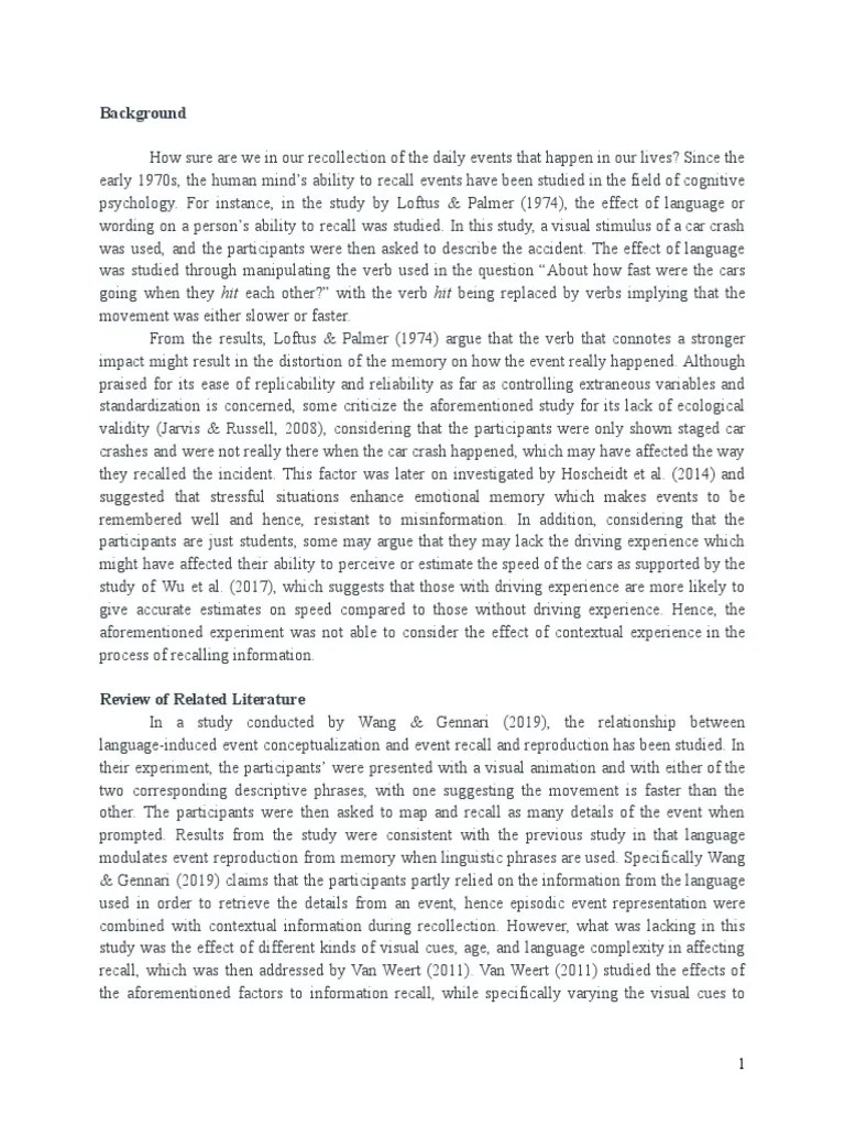 Intro and Methods Section Loftus and Palmer Experiment PDF