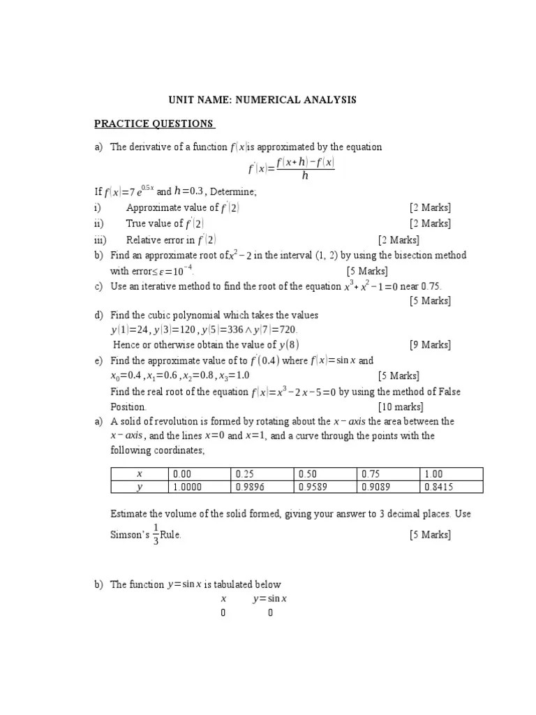 Numerical Analysis Questions PDF
