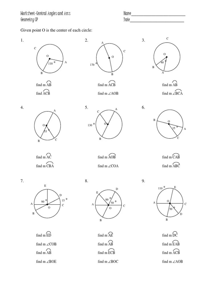 Central and Inscribed Angles and ArcsWorksheet PDF Triangle Geometry Geometric Measurement