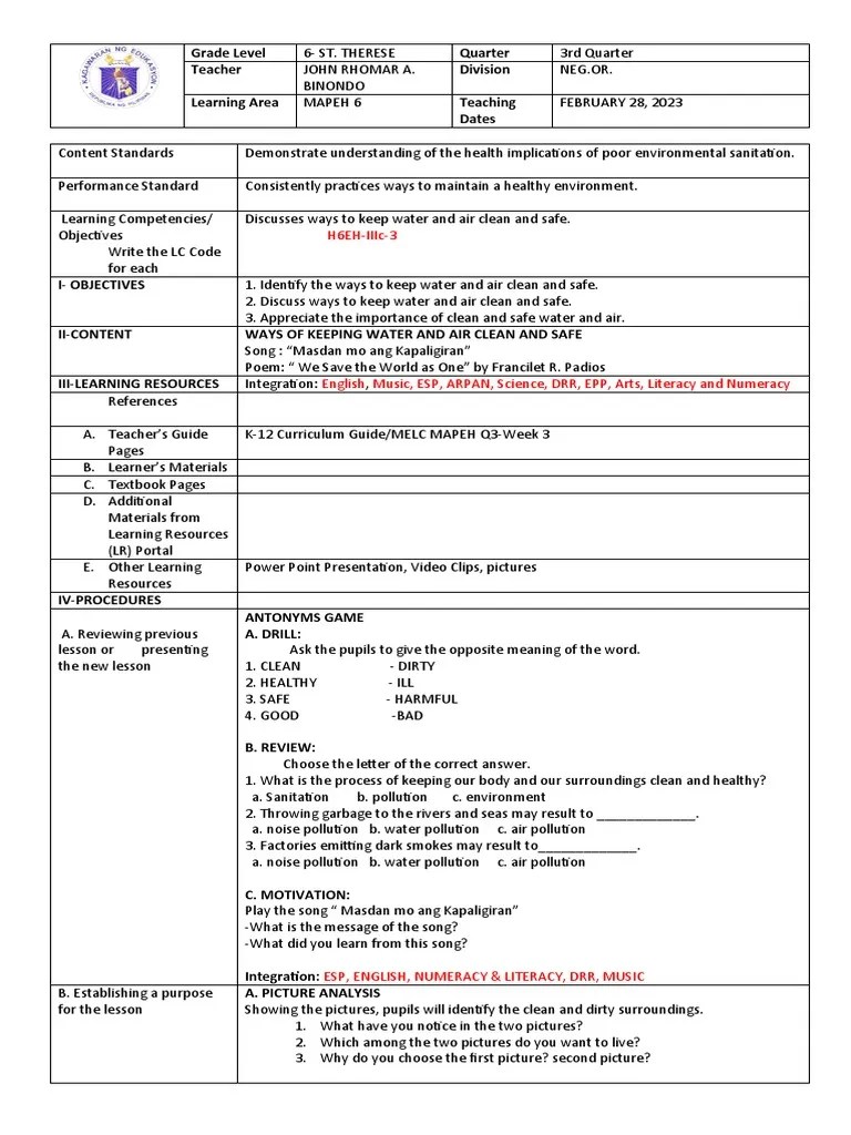 CotHealth 6 Q3 Lesson Plan PDF Literacy Learning
