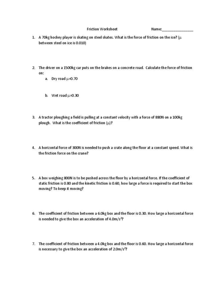 Force of Friction Worksheet PDF