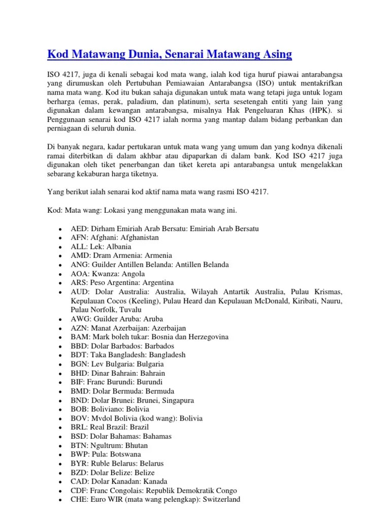 Senarai Mata Wang Dunia bawahata