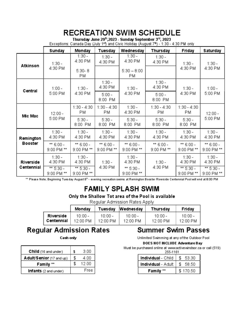 Outdoor Pools Summer 2023 Recreational Swim Schedules 4723 PDF