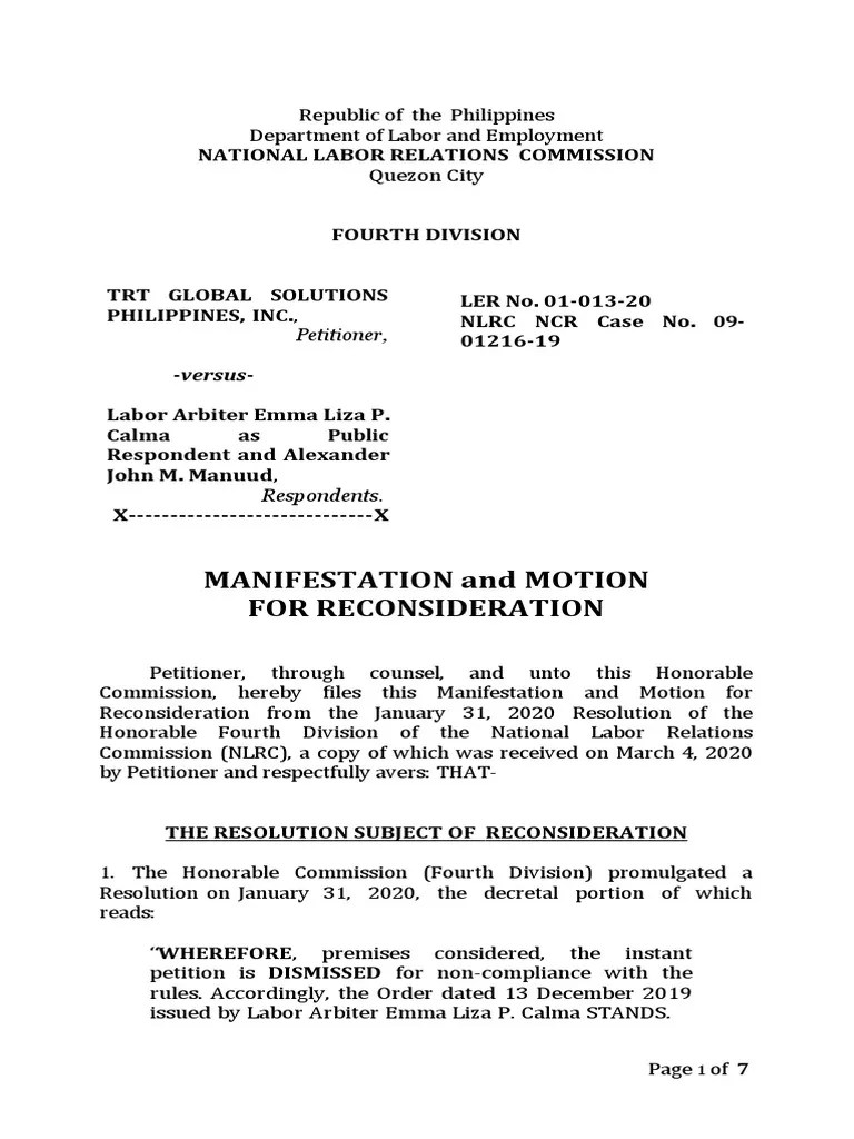 Motion For Reconsideration NLRC Template PDF
