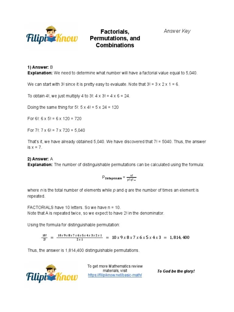 Factorials Permutations and Combinations Answer Key PDF Permutation Algebra