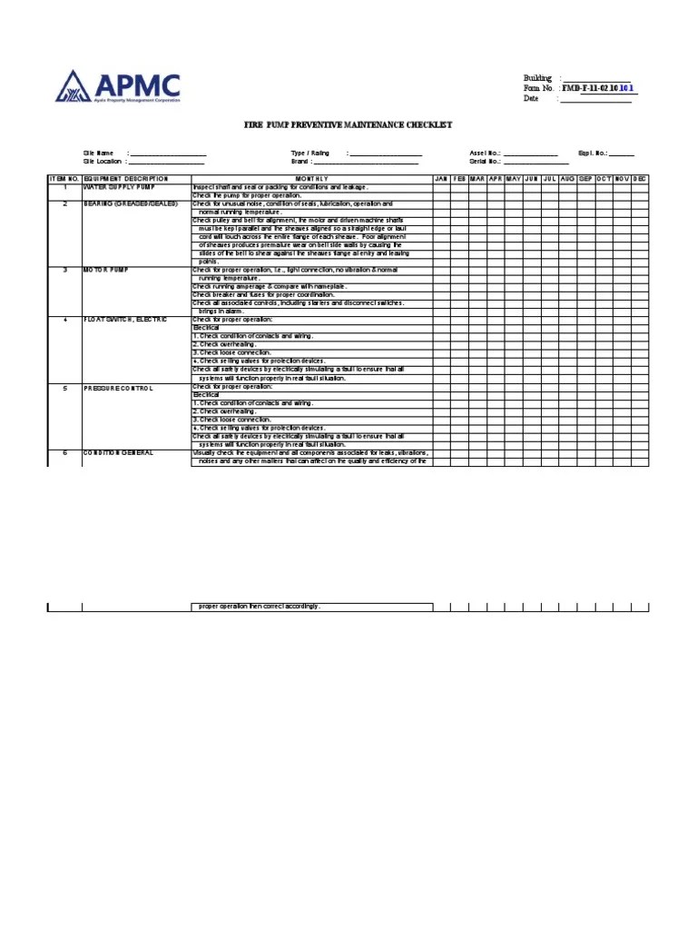 FMDF1102.10.10.1 Fire Pump Preventive Maintenance Checklist PDF