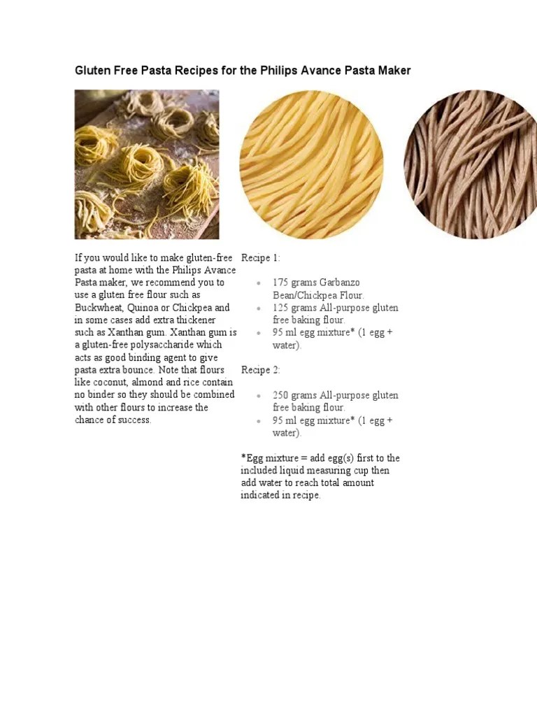 Gluten Free Pasta Recipes For The Philips Avance Pasta Maker | PDF