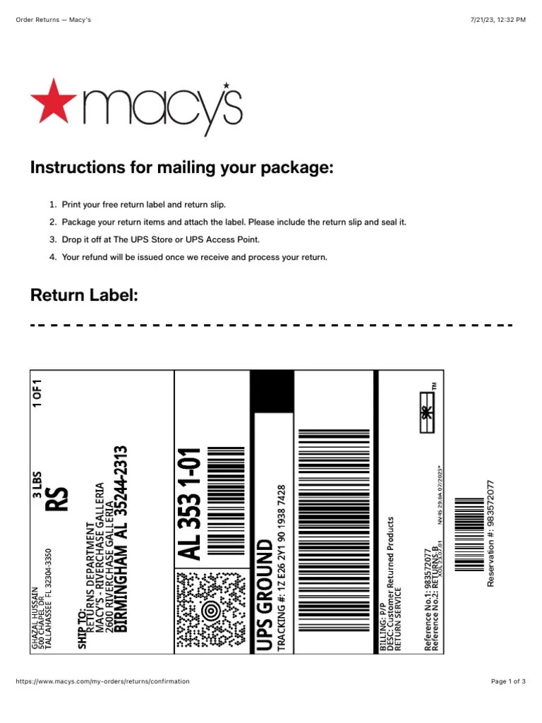 Order Returns Macy's PDF