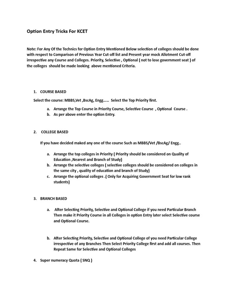 Tricks For Option Entry For KCET PDF