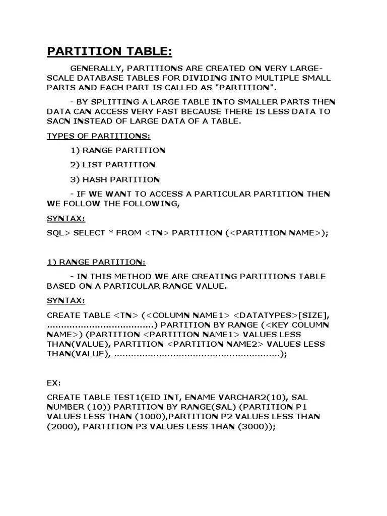 Partition Table (Oracle) PDF Information Technology Computer Science