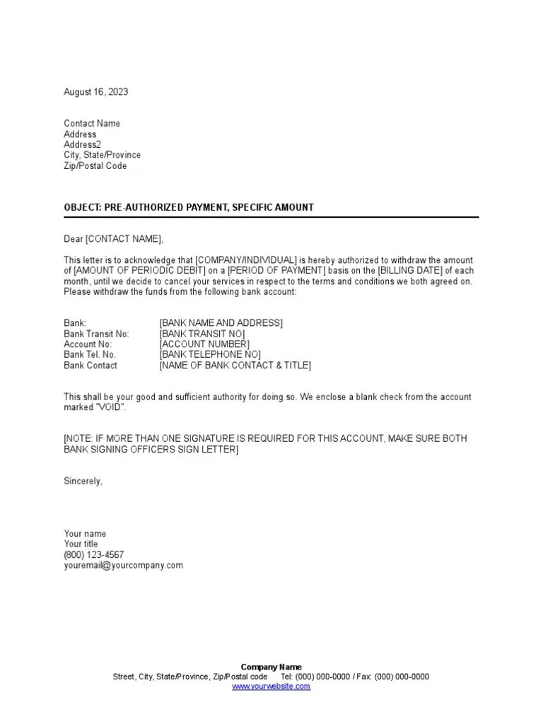 PreAuthorized Payment Specific Amount PDF