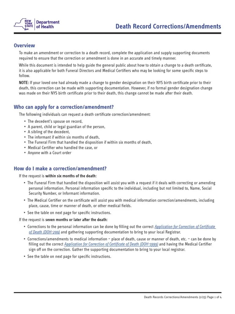 Public Instructions For Death Corrections PDF Birth Certificate