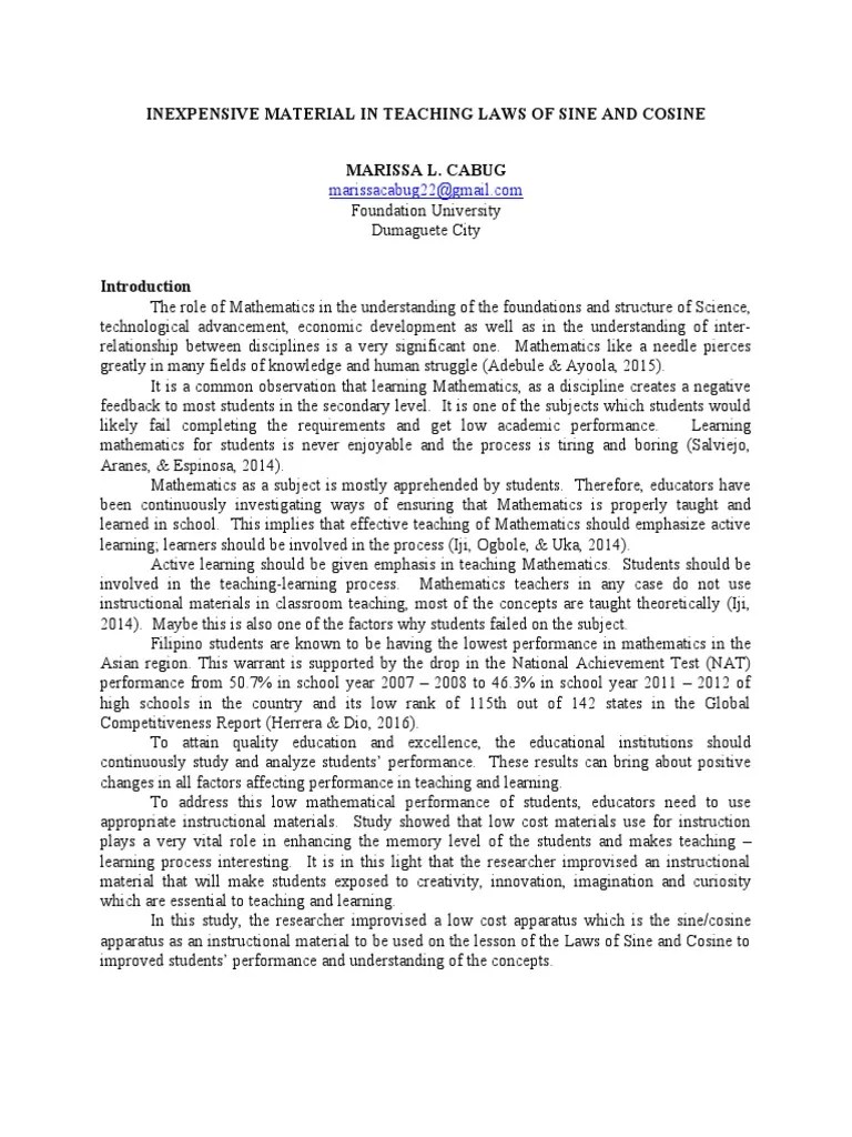 Inexpensive Material in Teaching Laws of Sine and Cosine PDF