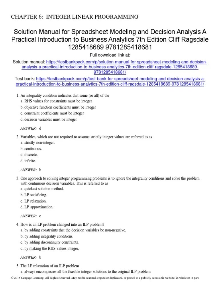Spreadsheet Modeling and Decision Analysis A Practical Introduction To
