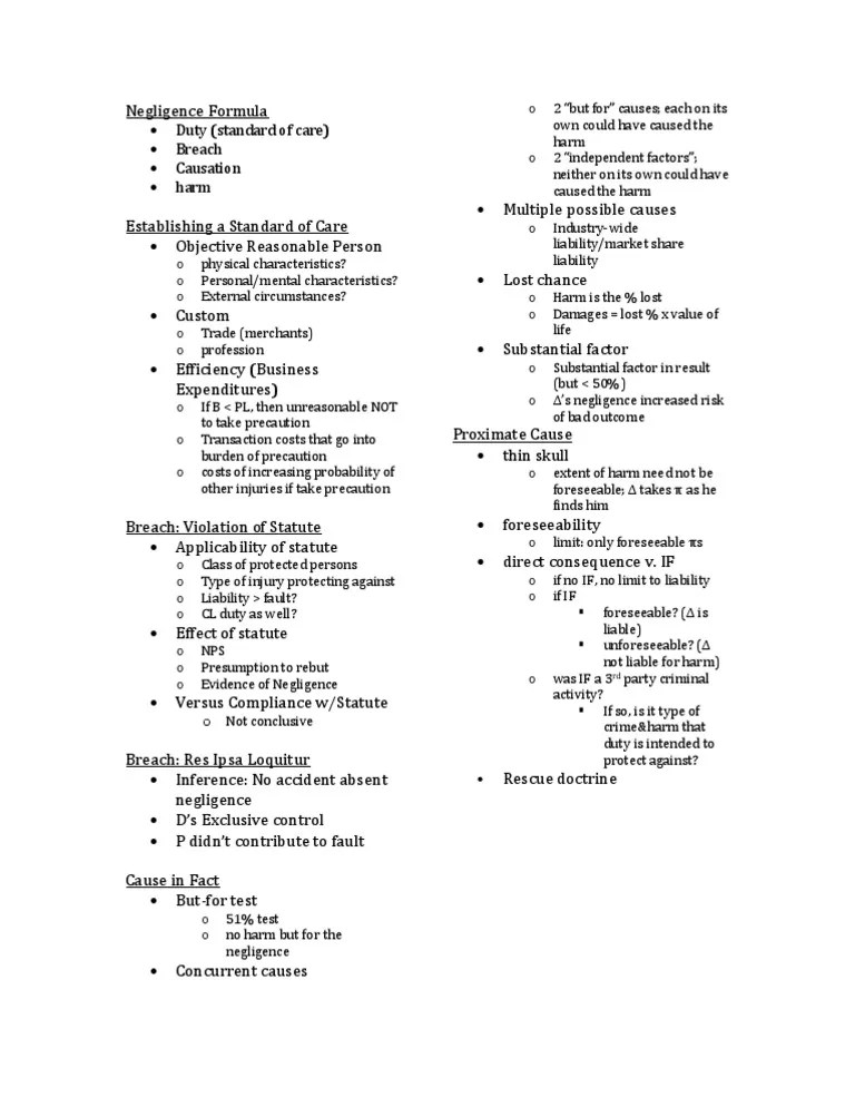 Torts Negligence Checklist