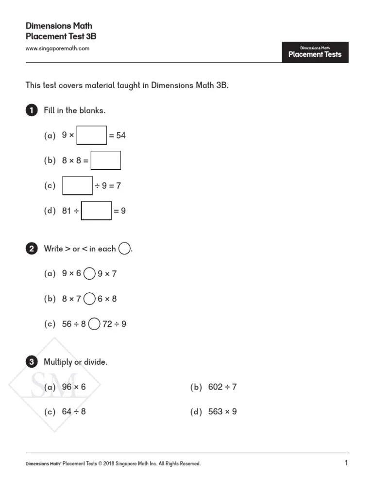 Singapore Math - Placement Test | PDF | Area | Metrology