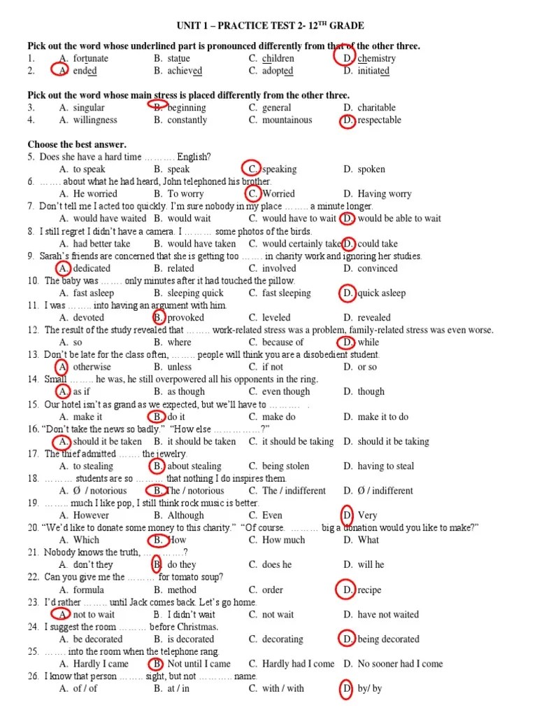 Unit 1 Practice Test 212 Grade Pick Out The Word Whose Underlined