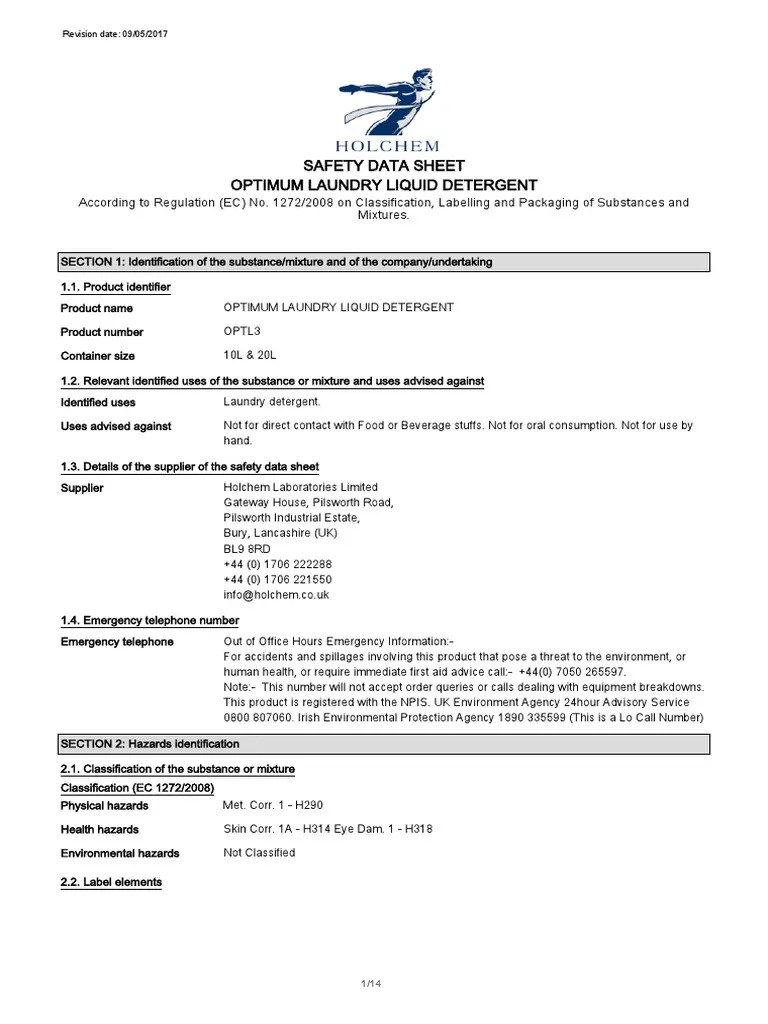 Safety Data Sheet Optimum Laundry Liquid Detergent PDF Toxicity
