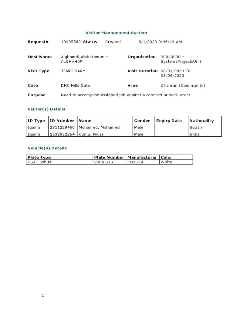 Request Visitor Management System PDF