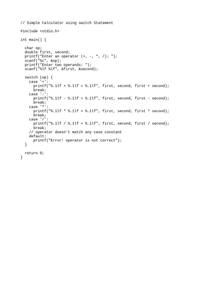 C Style Simple Calculator Using Switch Case PDF