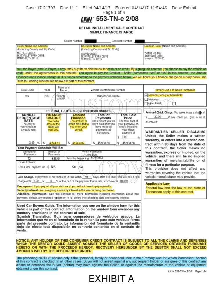 Retail Installment Contract For Training Purposes Only PDF Credit Finance & Money Management