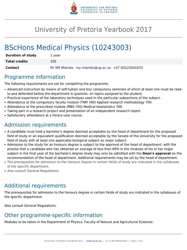 BSC Medical Physics University of Pretoria PDF