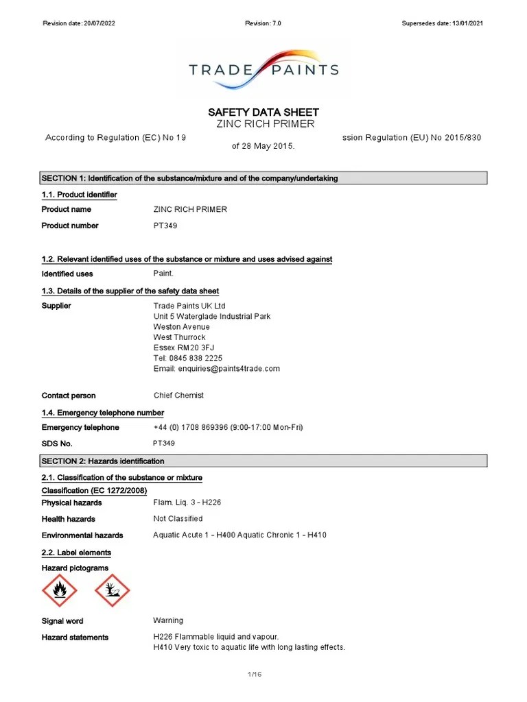 Zinc Rich Primer Msds PDF Labor Relations Occupational Safety And