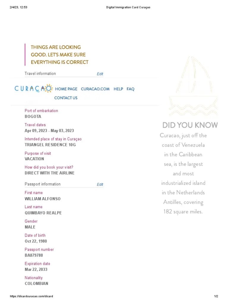 Digital Immigration Card Curaçao PDF