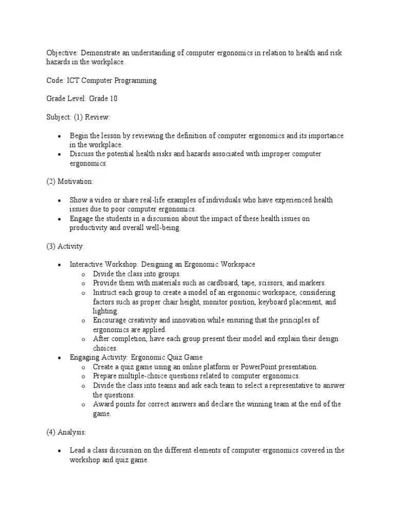 Objective Demonstrate an Understanding of Computer Ergonomics in