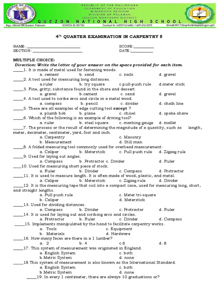 3RD Quarter Examination in Carpentry 8 | PDF