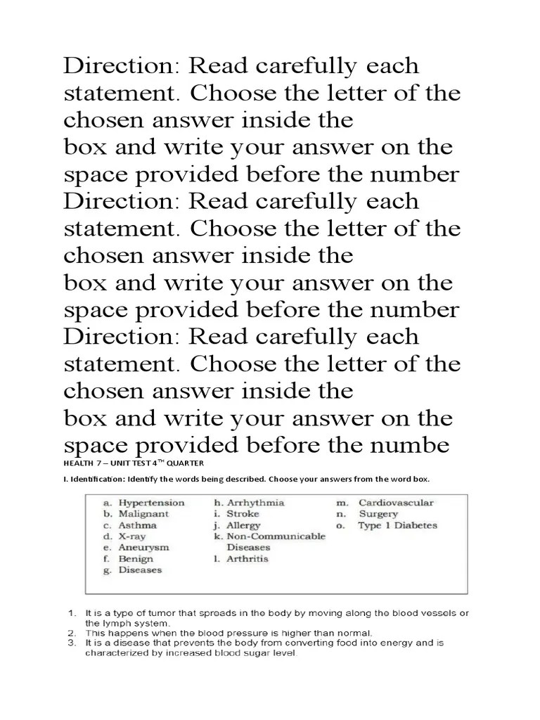 Health Unit Test 4th Quarter PDF Cancer Allergy