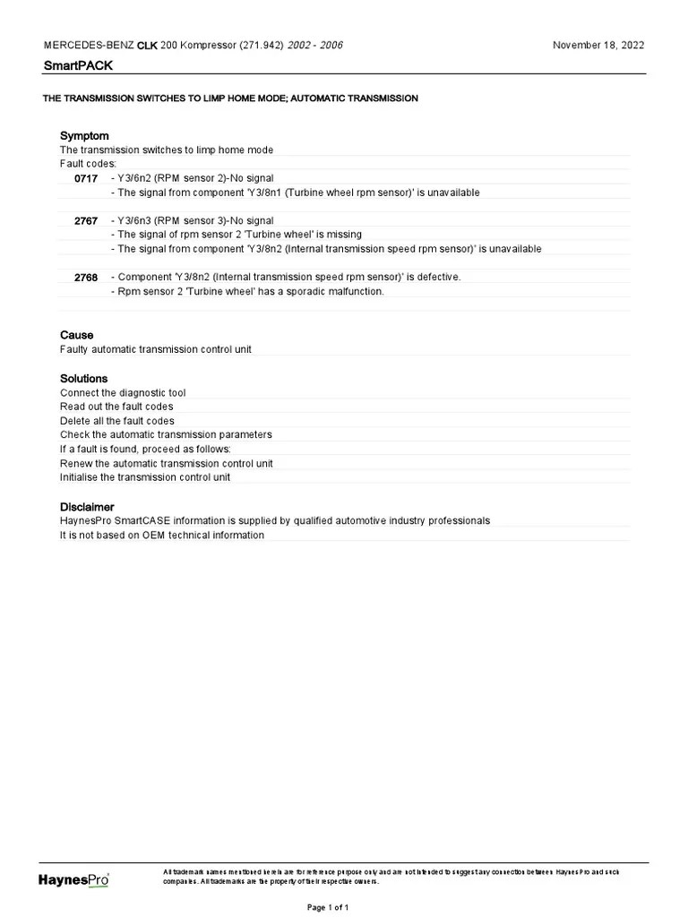 MercedesThe Transmission Switches To Limp Home Mode Automatic