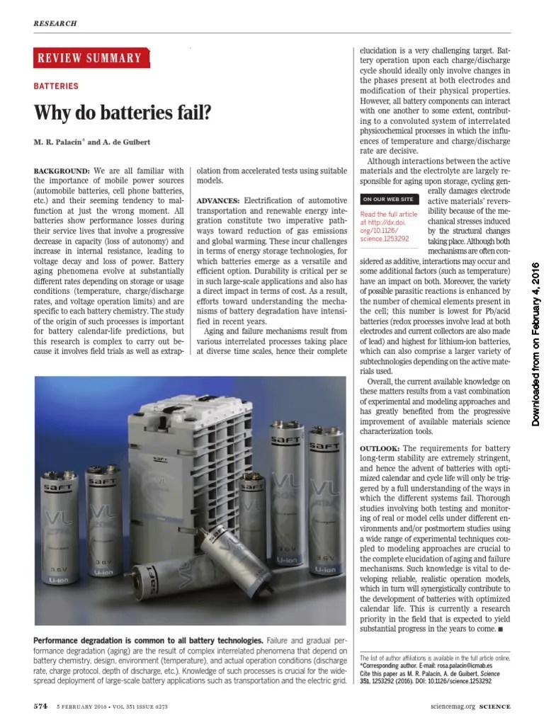 Palacin Why Do Batteries Fail 2016 PDF Rechargeable Battery