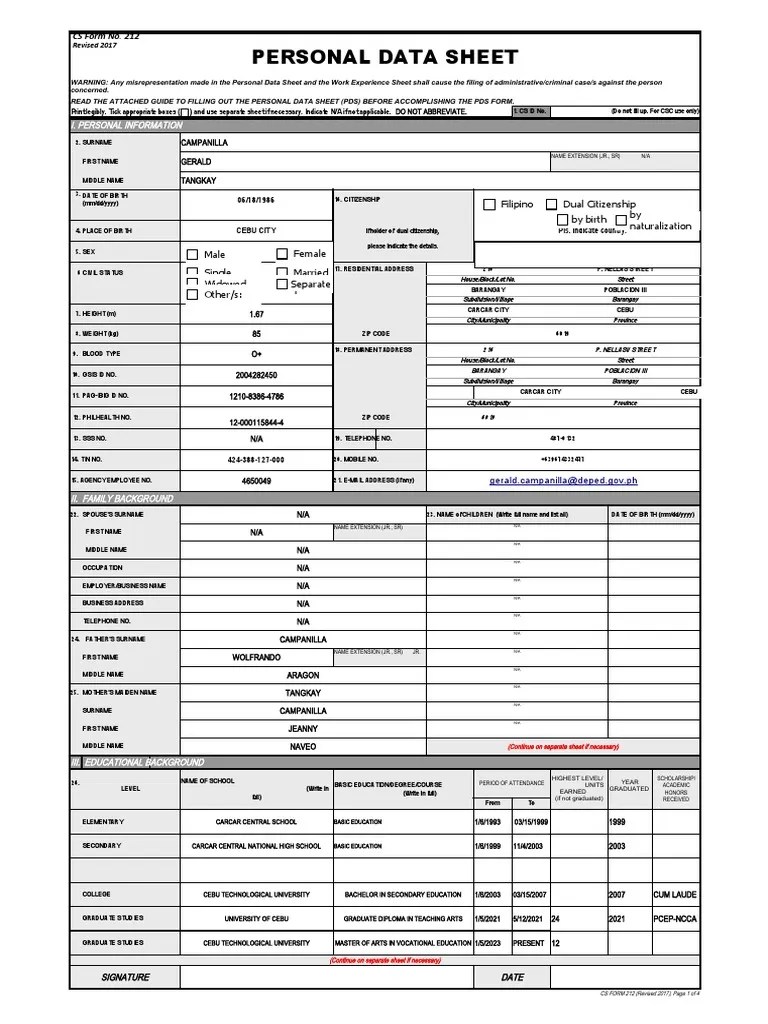 CS Form No. 212 Personal Data Sheet Revised PDF Passport Crime