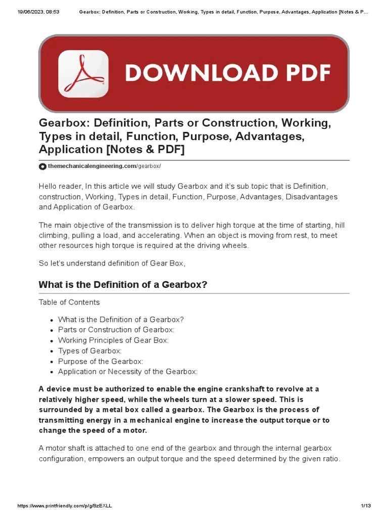 Gearbox Definition, Parts or Construction, Working, Types in Detail
