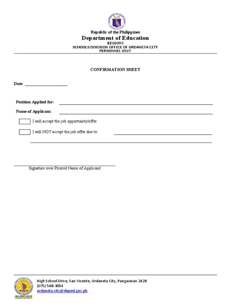 ConfirmationSheet Deped PDF