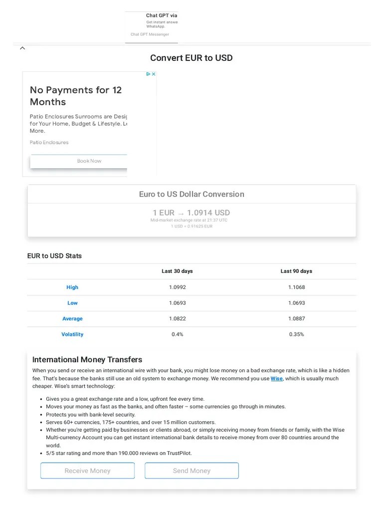 EUR To USD - Convert EUR To USD - Exchange Euro To US Dollar - Currency