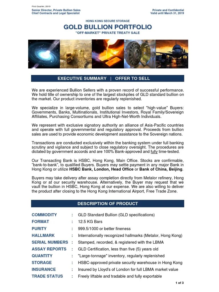 Gold Bullion Portfolio Executive Summary (First Quarter, 2019) PDF Banks Gold As An Investment